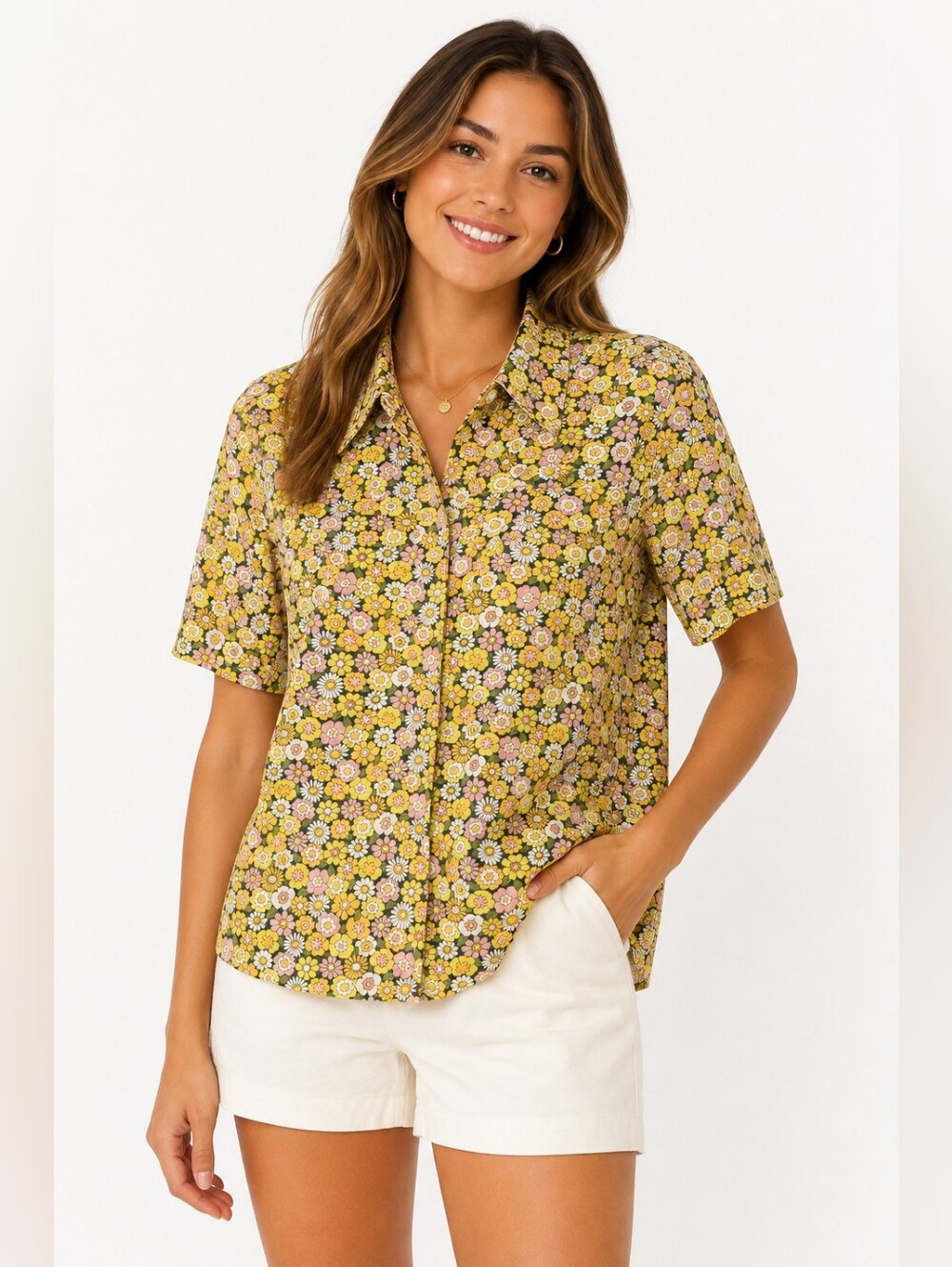 Tory Sport Floral Button Front Shirt XL Yellow Pink Green Short Sleeve